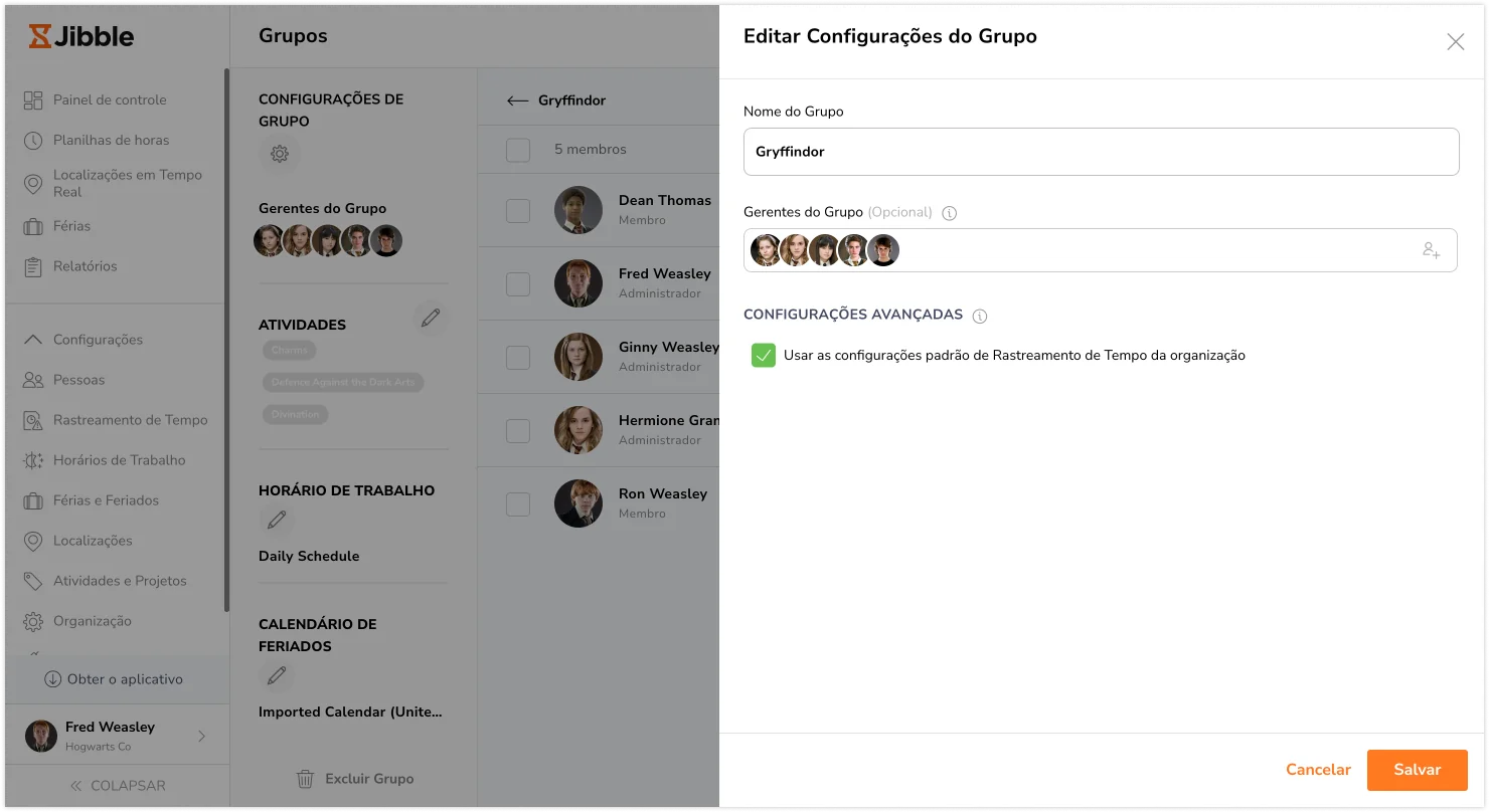 Configurações de Rastreamento de Horas do grupo